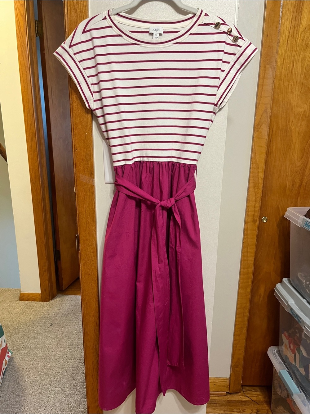 J. Crew White and Magenta Striped Midi Dress